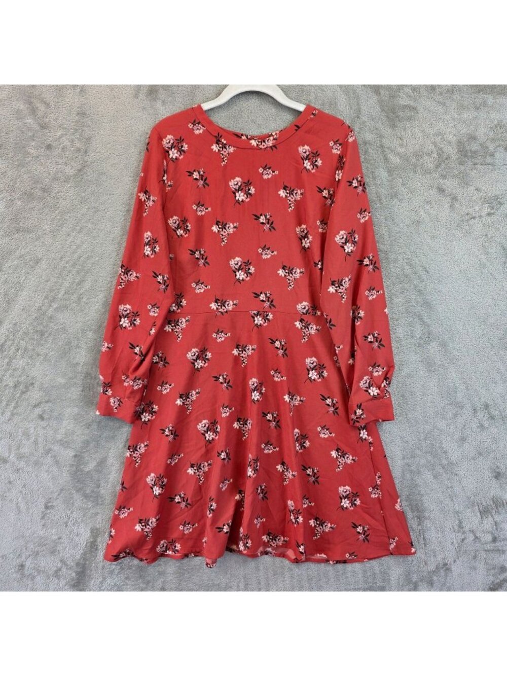 LOFT Dress Womens 8P Petite Red Floral Round Neck Long Sleeve Fit & Flare
